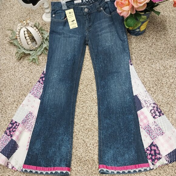 3800 Size 13 Roxy Upcycled Bleach Dyed Pink and Blue Pattern Bell-Bottoms. - Picture 1 of 6